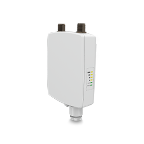 Een afbeelding van een product op Ligowave.nl waarop de voor- en zijkant van een 2.4 GHz Outdoor Access Point met externe antenne ondersteuning voor PtP en PtMP verbindingen staat.