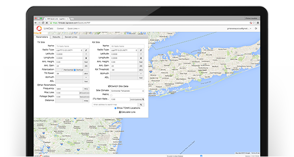 Een afbeelding van een screenshot op Ligowave.nl waarop een landkaart met gegevens staat uit de LigoWave Link Calculator planning tool