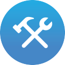 Een afbeelding van Ligowave.nl van een blauw rond icoontje met gereedschap ter ondersteuning van een reset hulpmiddel dat in Java geschreven is om gebruikers in staat te stellen om apparaten eenvoudig terug te zetten naar hun standaard configuraties.